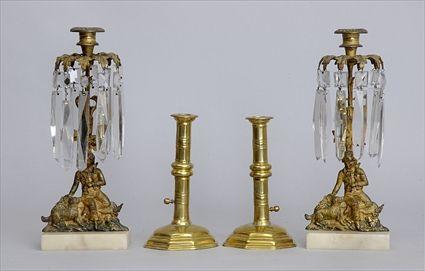 Appraisal: A PAIR OF GILT-METAL GLASS AND MARBLE FIGURAL CANDLESTICKS AND