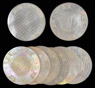 Appraisal: Set of Eight Mother of Pearl Gambling Chips Circa Initialed