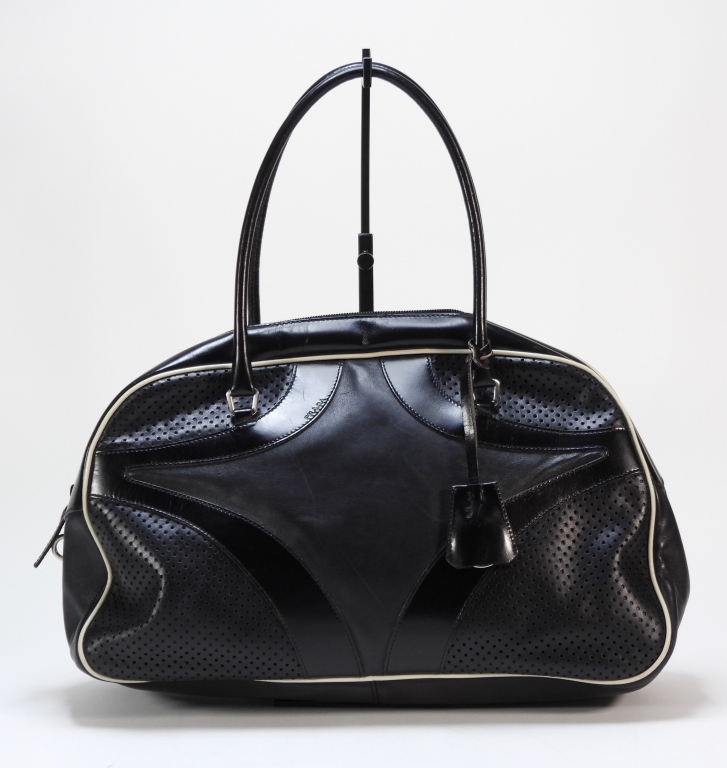 Appraisal: PRADA BLACK WHITE LEATHER BOWLING BAG Double handled black leather