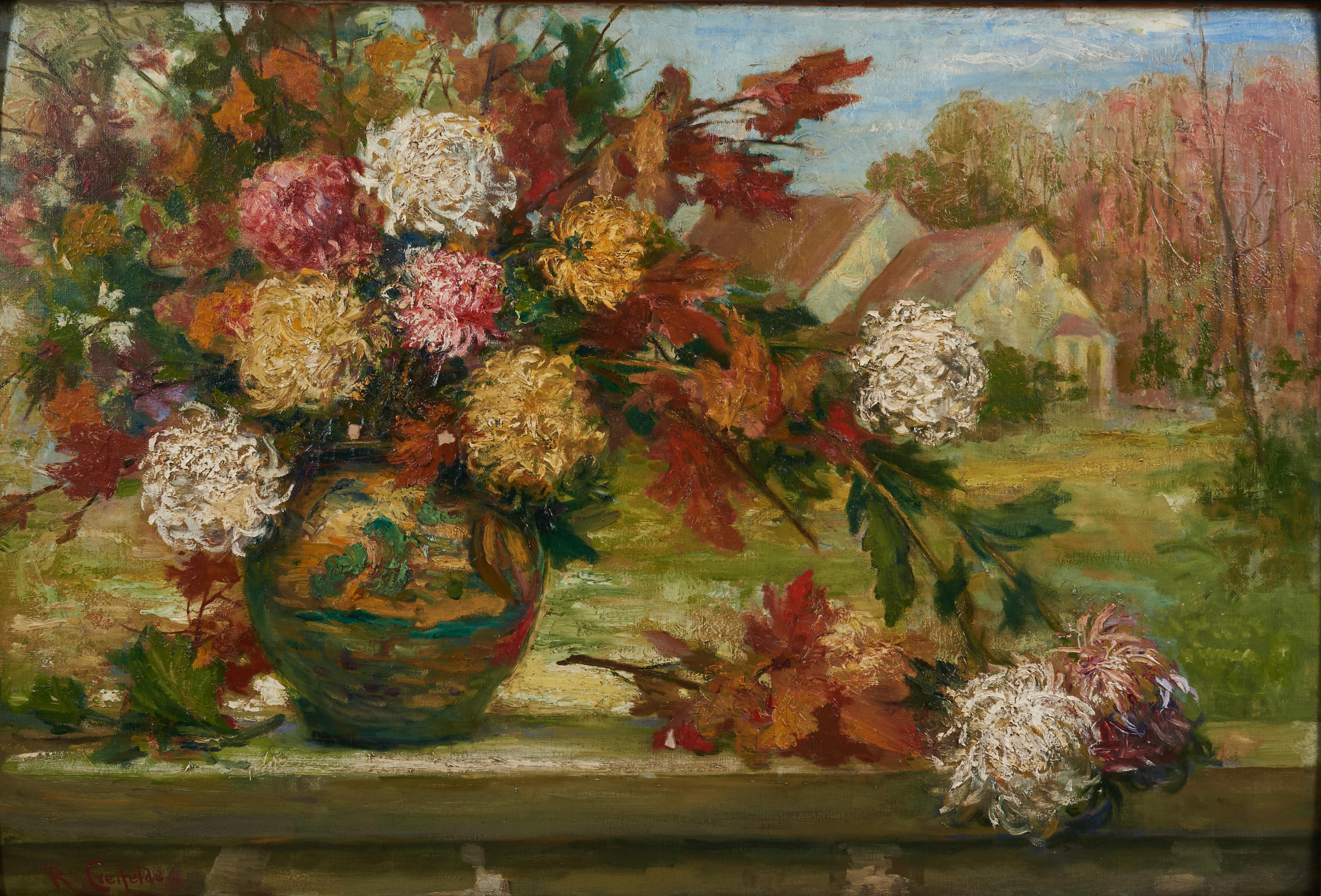 Appraisal: Creifields Floral Oil Painting oil on board signed R Creifelas