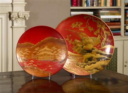 Appraisal: Pair of Japanese red lacquer chargersEach circular with raised gilt