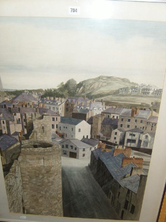 Appraisal: A watercolour study of a cityscape viewed from the rooftops