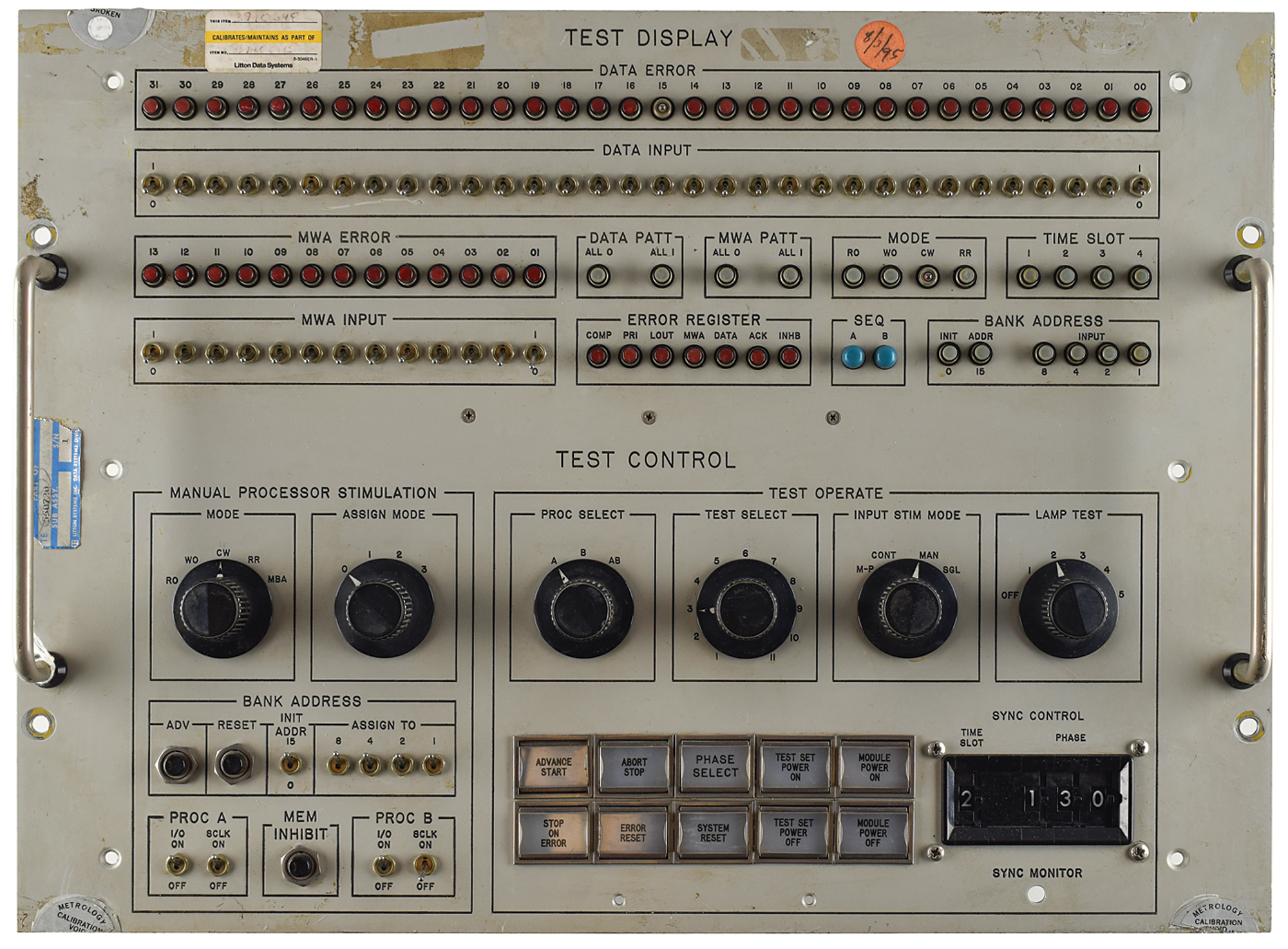 Appraisal: Computer control panel marked Test Display and Test Control measuring