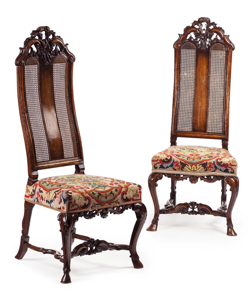 Appraisal: PAIR OF WILLIAM MARY WALNUT AND CANED HIGH BACK SIDE