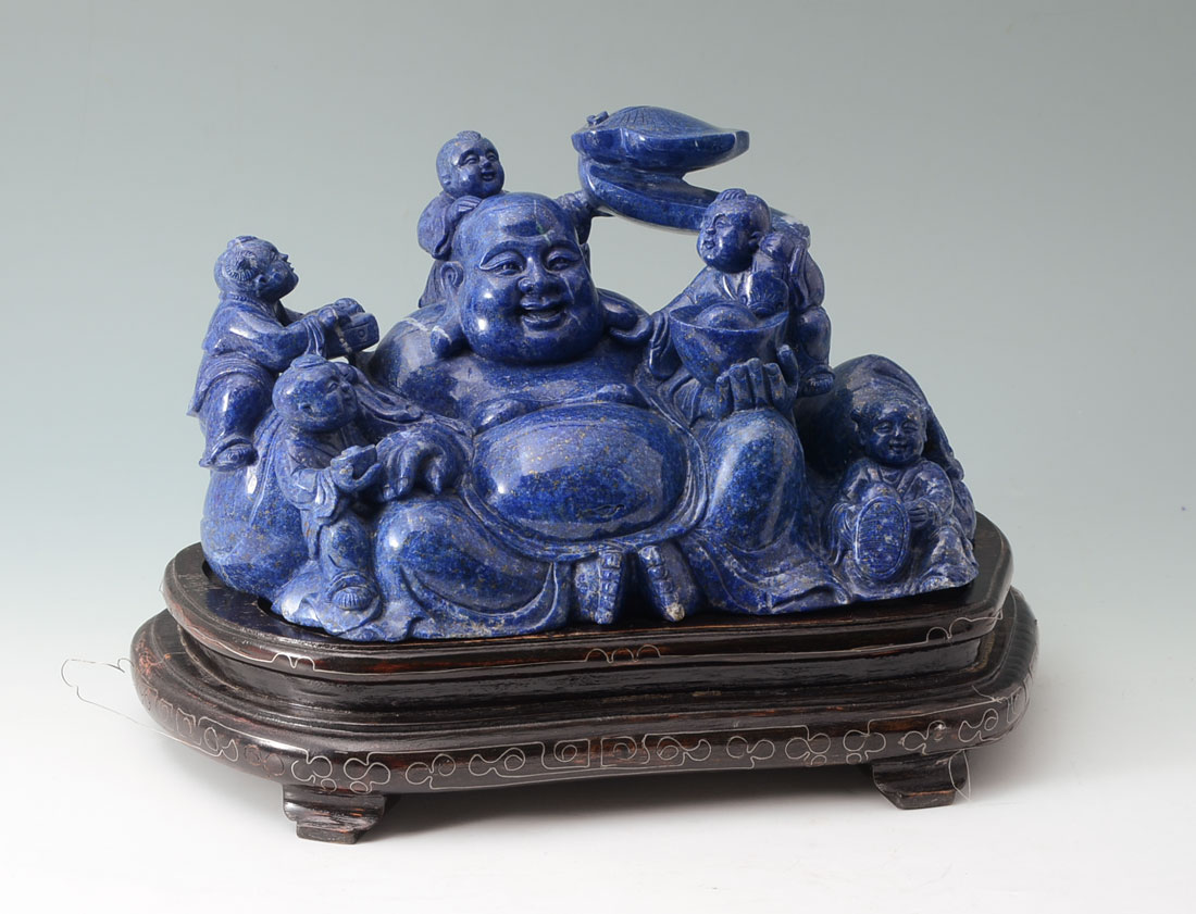 Appraisal: LARGE LAPIS LAUGHING BUDDHA FIGURAL GROUP Chinese carved lapis lazuli