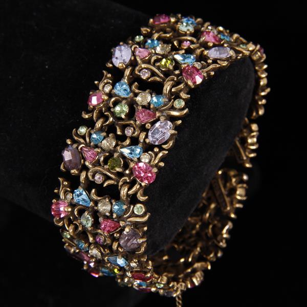 Appraisal: Hollycraft wide multi jeweled filigree cuff bracelet