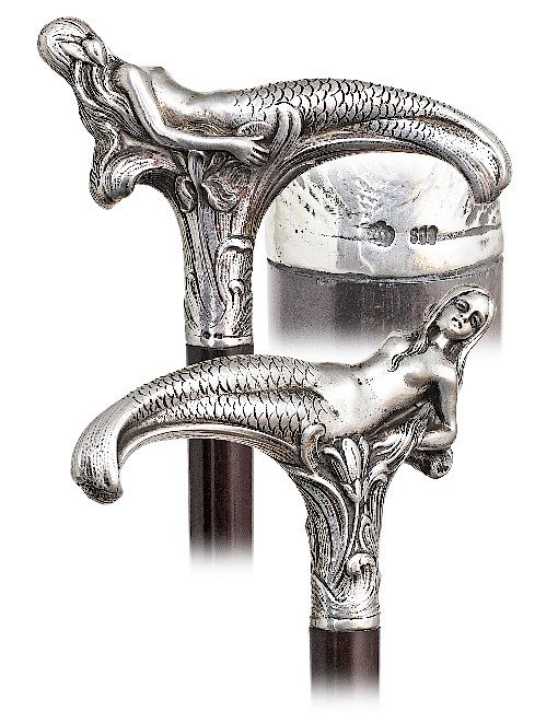 Appraisal: Silver Art Nouveau Siren Cane -Ca -T-shaped silver handle with