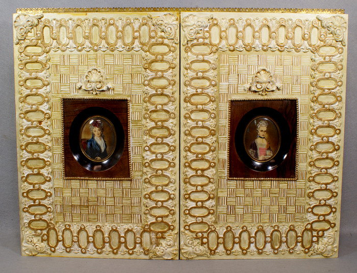 Appraisal: Wall cabinet door set with two miniatures signed brass gallery