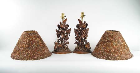 Appraisal: OUTSTANDING PAIR OF CARVED WOOD BLACK FOREST TYPE LAMPS WITH