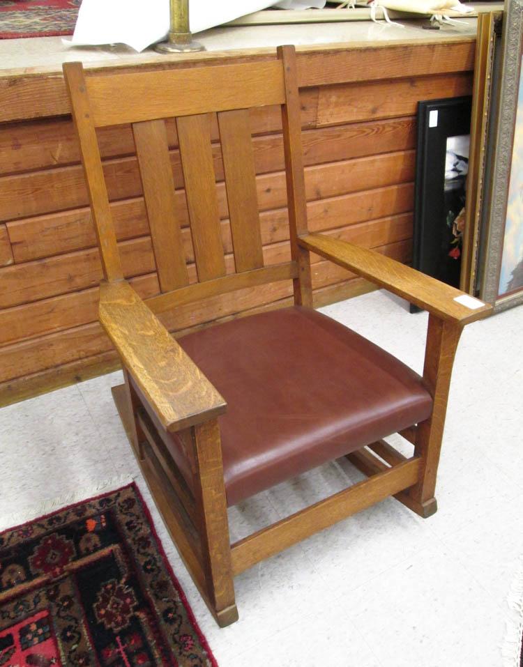 Appraisal: GUSTAV STICKLEY OAK ARM ROCKER Gustav Stickley Co Syracuse Eastwood