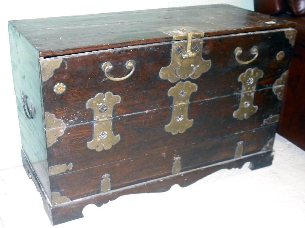 Appraisal: Korean brass bound fall front chest wide