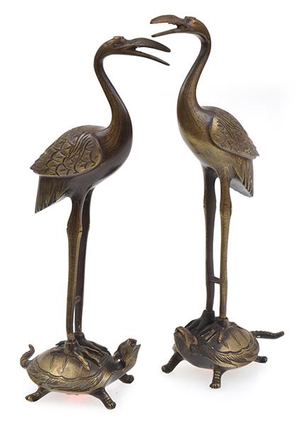 Appraisal: PAIR OF JAPANESE GILT METAL CRANE AND TORTOISE LONGEVITY STATUES