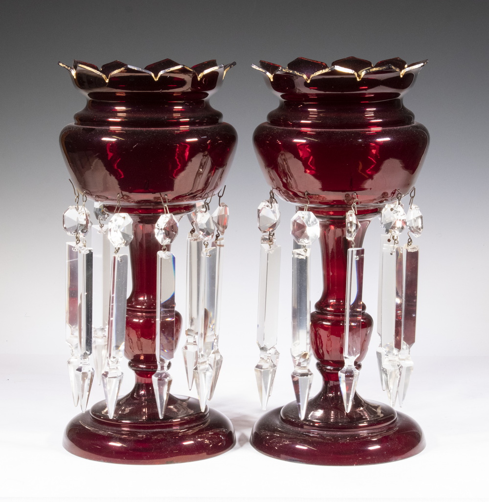 Appraisal: PR RUBY GLASS CANDLE LUSTRES Pair of Late Victorian Ruby