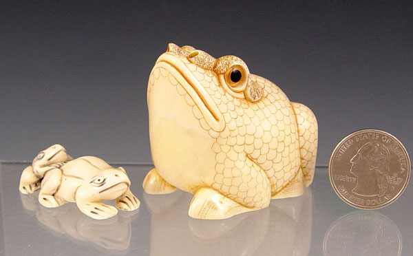 Appraisal: PIECE JAPANESE CARVED IVORY FROG NETSUKES To include Bullfrog okimono