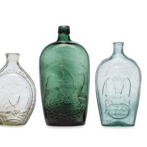 Appraisal: Three Molded Glass Green and Aqua Flasks American th Century