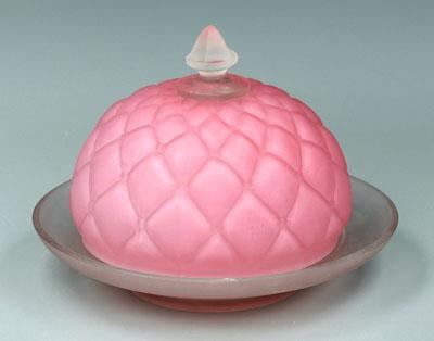 Appraisal: Satin glass dish with cover pink diamond quilted pattern domed