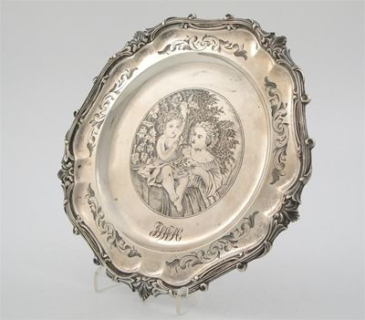 Appraisal: A Victorian engraved Christening plate shell and scroll border the