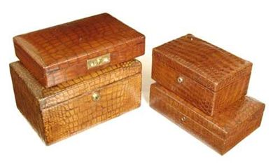 Appraisal: A crocodile jewellery box with a silk leather and plush