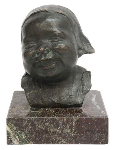 Appraisal: Patinated bronze sculpture Baby Wearing a Bonnet on a marble