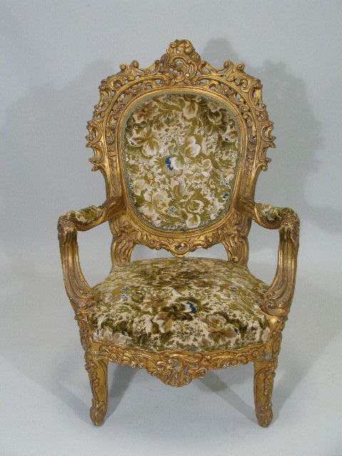 Appraisal: Gilded Armchair c carved wood and gesso frame velveteen floral