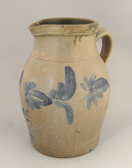 Appraisal: Large stoneware pitcher th c with cobalt floral decoration h