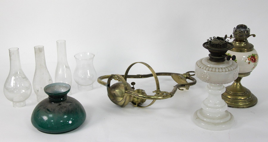 Appraisal: A hanging brass lantern with green opaque shade two oil