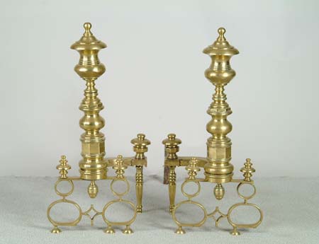 Appraisal: LARGE PAIR OF FANCY BRASS ANDIRONS Turned andirons have scroll