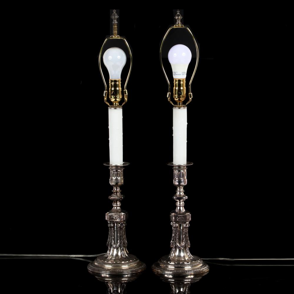 Appraisal: PAIR LATE TH CENTURY NEOCLASSICAL SILVER PLATED CANDLESTICKS CONVERTED TO