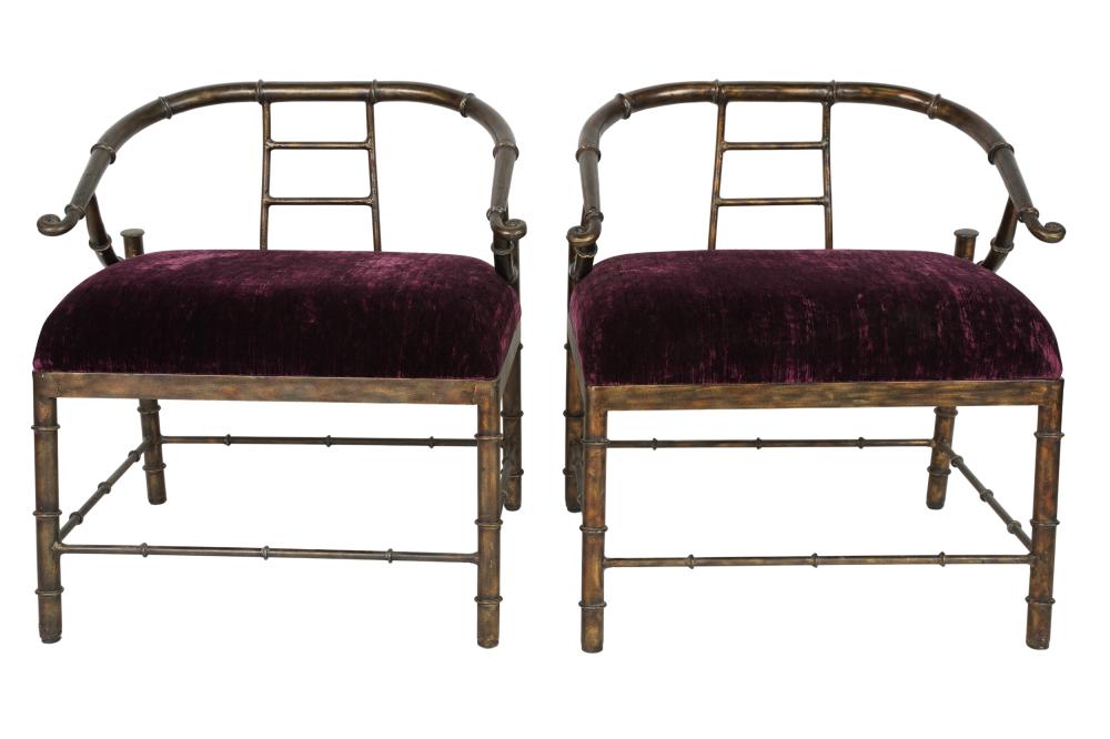 Appraisal: PAIR OF PATINATED IRON HORSESHOE CHAIRSfaux bamboo frames with purple