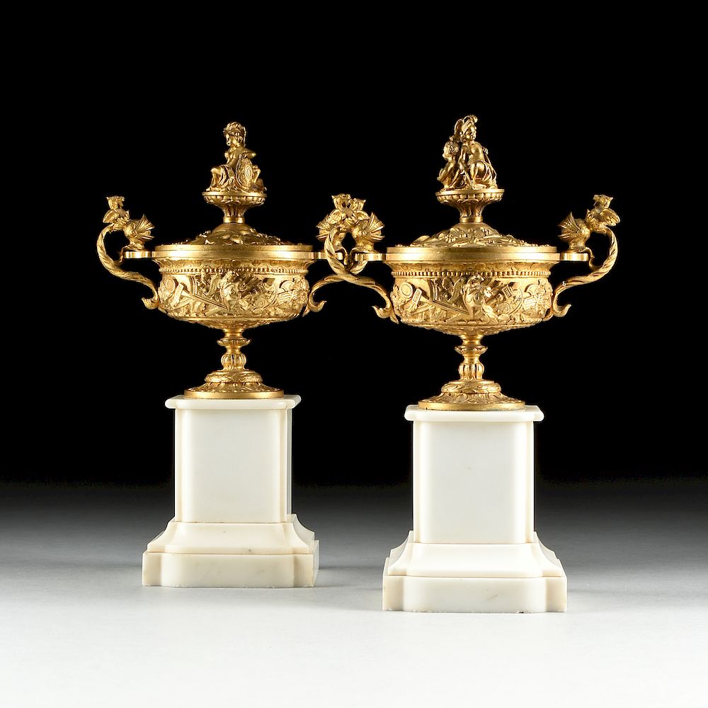 Appraisal: A PAIR OF ITALIAN NEOCLASSICAL STYLE GILT BRONZE LIDDED TAZZA