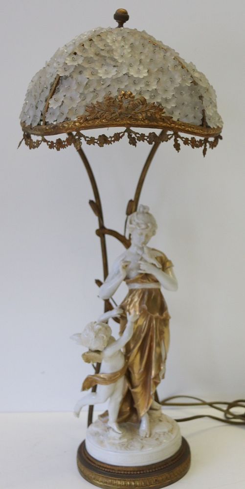 Appraisal: Wonderful Antique Porcelain Figural Lamp With Beaded Shade From a