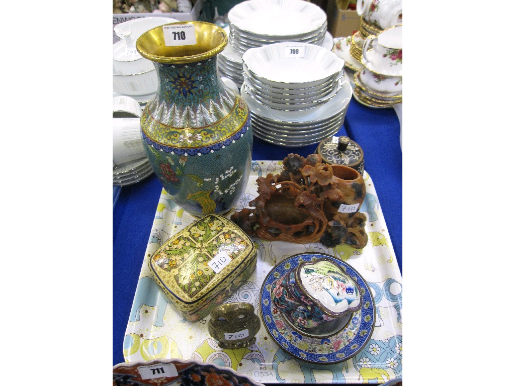 Appraisal: Tray lot to include cloisonne vase soapstone carving etc