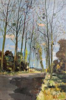 Appraisal: LAMOTTE Bernard Oil on Plywood Country Lane Signed lower right