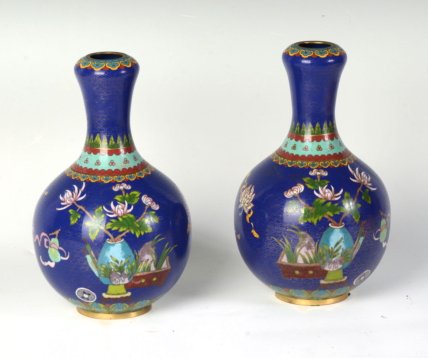 Appraisal: PAIR OF OPPOSING CLOISONNE CHINESE GOURD VASES Chinese gourd scholar