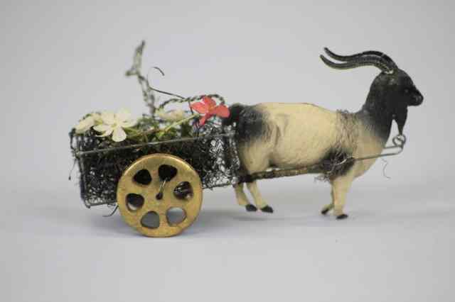 Appraisal: EARLY DRESDEN GOAT CART Germany wonderful black and white goat