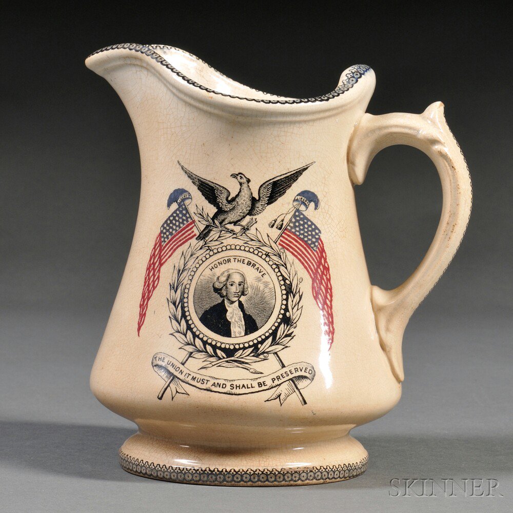 Appraisal: Patriotic Transfer-decorated Pottery Jug early to mid- th century the