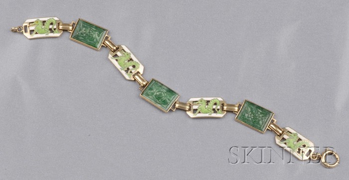 Appraisal: Art Deco kt Gold Enamel and Jadeite Bracelet Enos Richardson