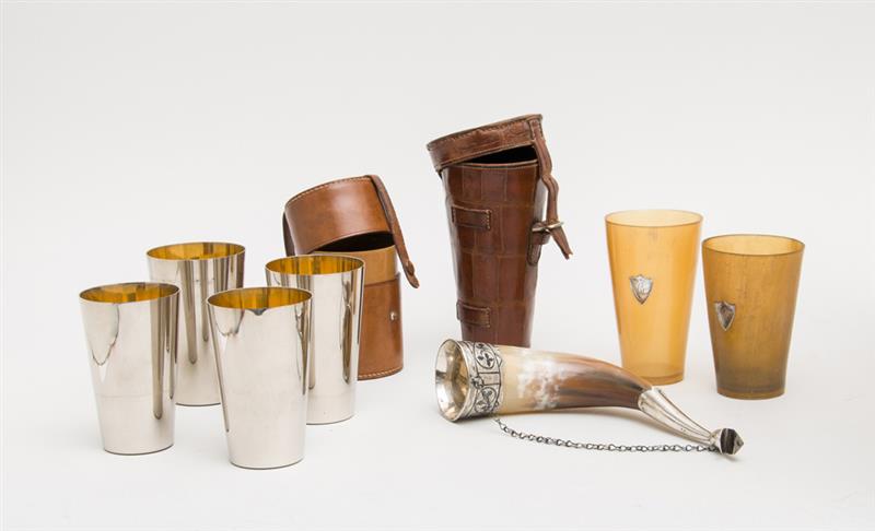 Appraisal: RUSSIAN NIELLO SILVER-MOUNTED DRINKING HORN AND TWO ENGLISH BEAKER CADDIES