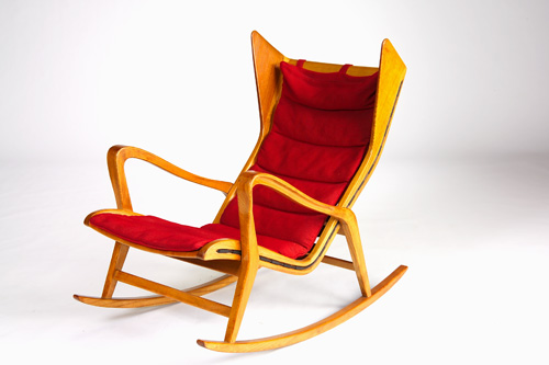 Appraisal: GIO PONTI Fine wing-back bentwood armrocker with webbed rubber seat