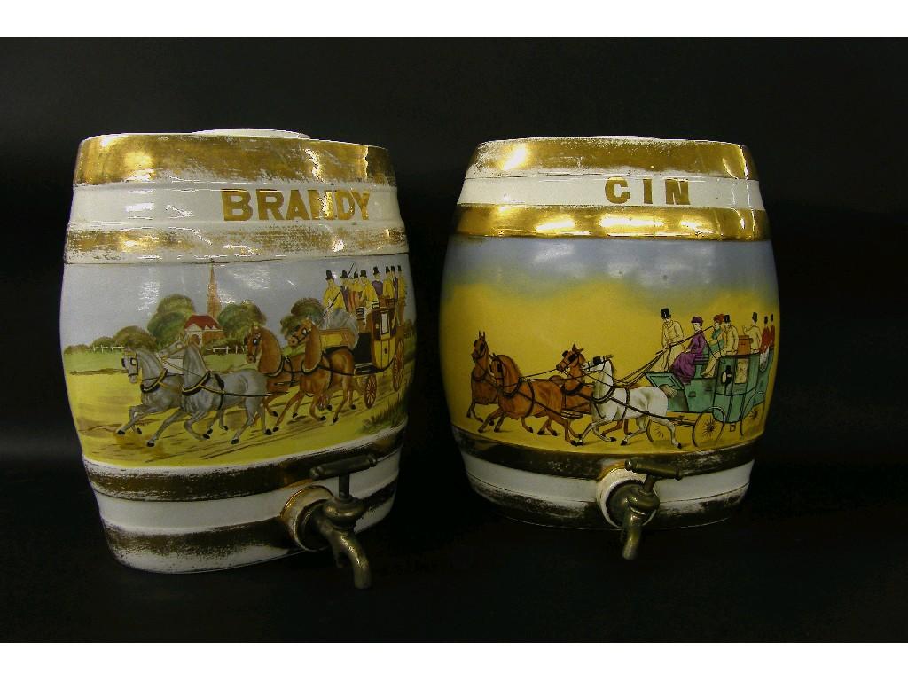 Appraisal: Pair of Staffordshire brandy and gin ceramic barrels and covers