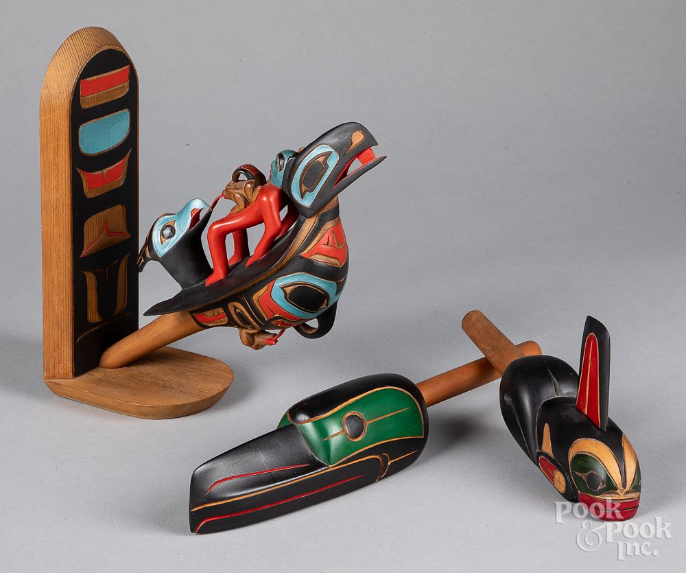 Appraisal: Northwest Coast Indian carved and painted rattles Three Northwest Coast