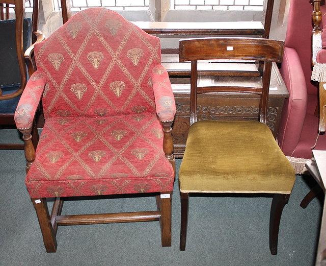 Appraisal: AN OAK AND UPHOLSTERED ARMCHAIR and two th Century mahogany