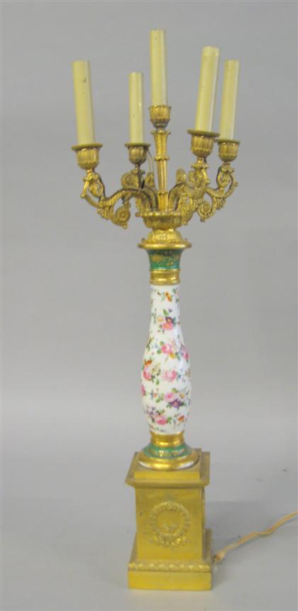 Appraisal: Empire style painted glass and gilt bronze mounted five stem