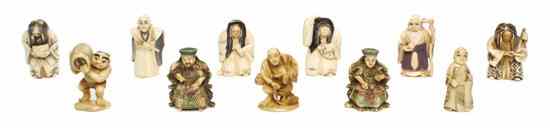 Appraisal: A Group of Eleven Japanese Carved Ivory Netsukes depicting seven