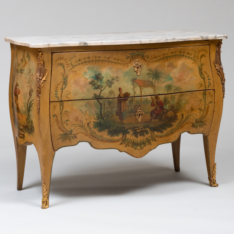 Appraisal: LOUIS XV STYLE GILT-BRONZE-MOUNTED PAINTED COMMODE Fitted with a later