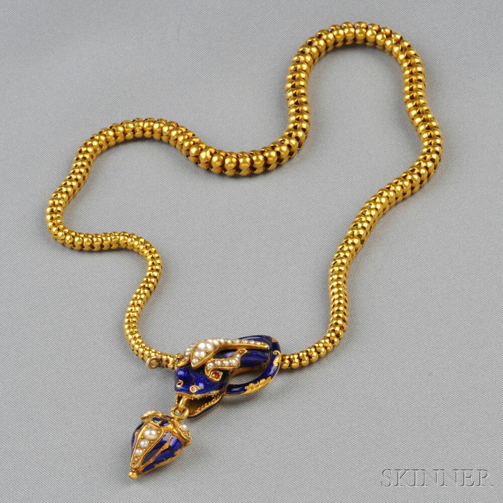 Appraisal: Antique kt Gold Enamel and Seed Pearl Snake Necklace the