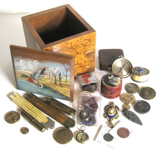 Appraisal: PAINTED WOOD DRESSER BOX WITH CONTENTS ten medals coins three