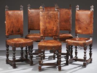 Appraisal: Set of Six Spanish Carved Beech and Leather Dining Chairs