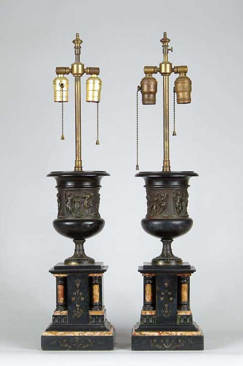 Appraisal: PAIR OF BRONZE AND MARBLE GARNITURE LAMPS Converted garnitures into