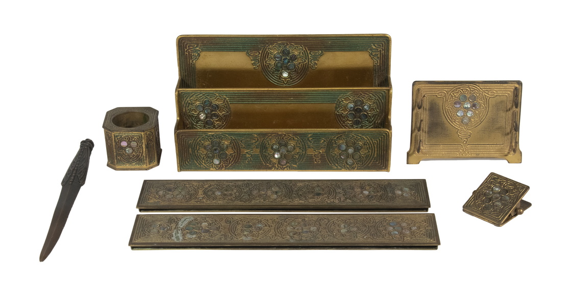 Appraisal: PCS TIFFANY STUDIOS BRONZE DESK ITEMS Group of Circa Desk